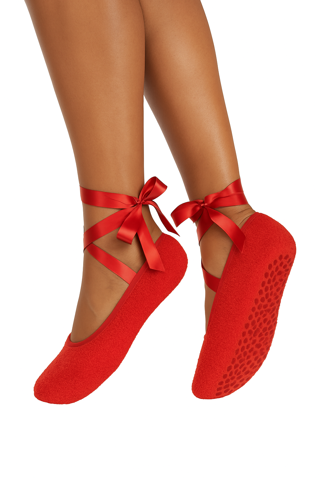 Red fuzzy ballet slipper socks with grip soles and satin ribbon