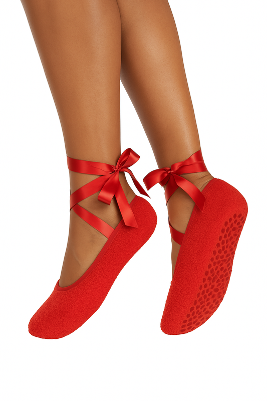 Red fuzzy ballet slipper socks with grip soles and satin ribbon